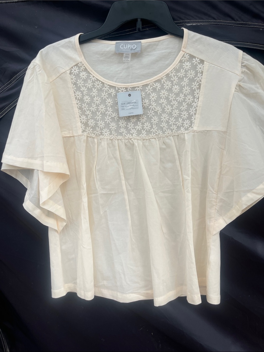 Cupio Cream Floral Embroidered Yoke Flutter-Sleeve Top